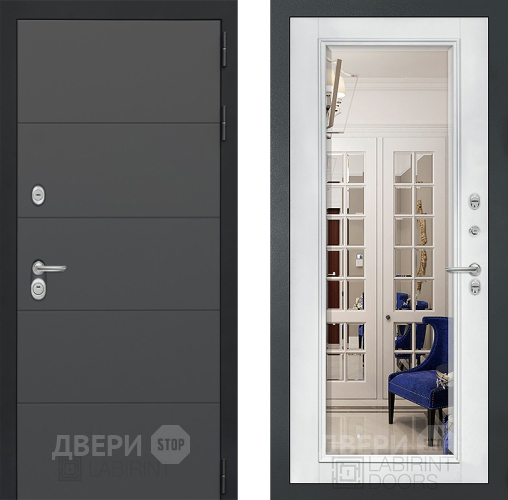 Дверь Лабиринт (LABIRINT) Art Зеркало Фацет с багетом Белый софт в Королёве